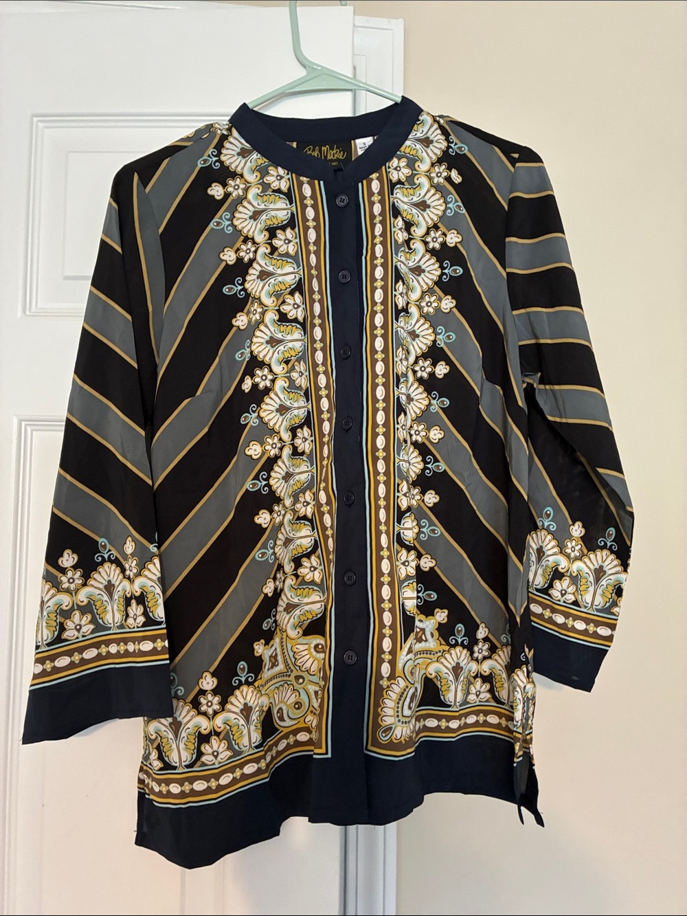 Bob Mackie Black Patterned Button-Front Blouse with Gold and Gray Accents